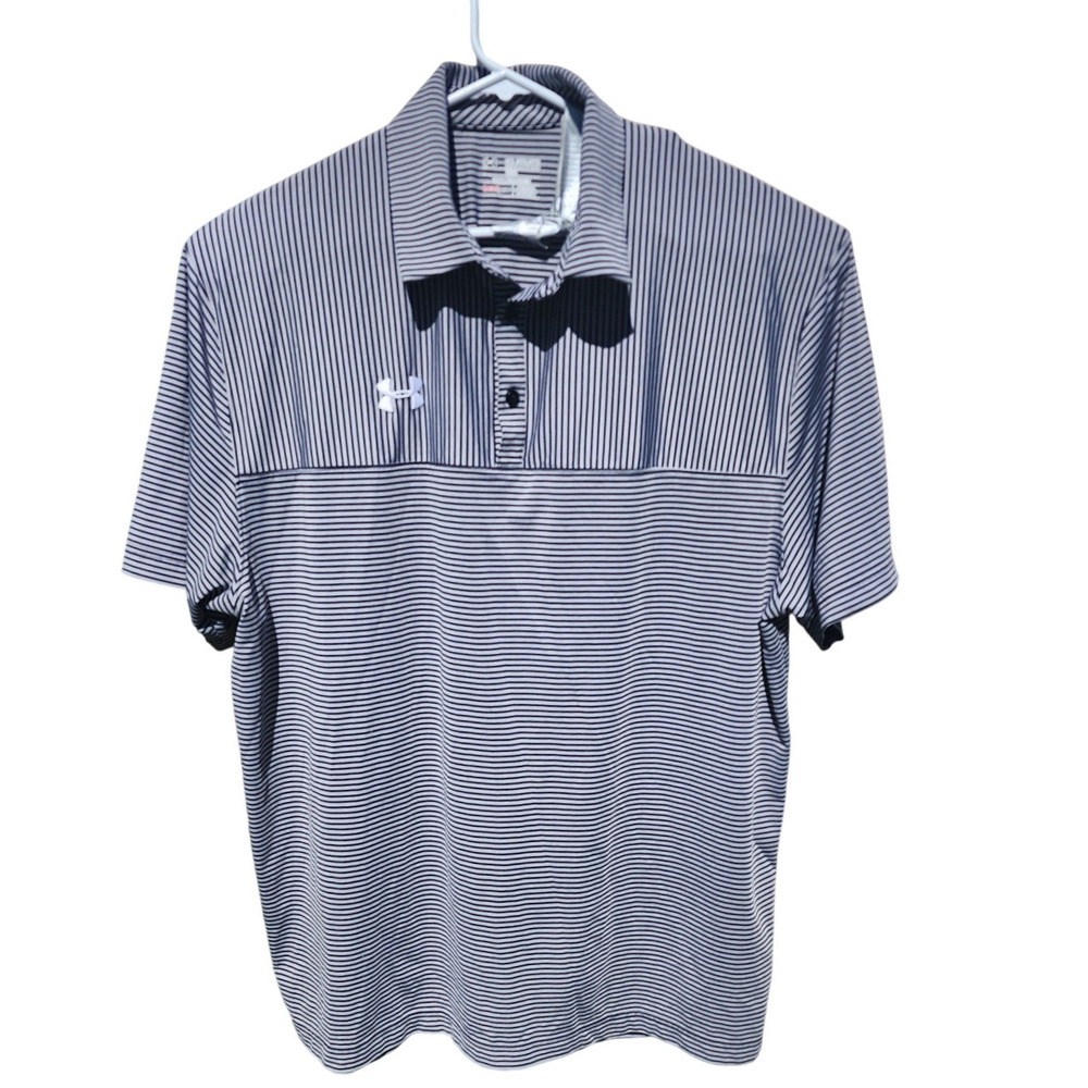 Under Armour HeatGear Mens 2XL Striped Polo Shirt Grey Black Loose Fit Golf Tee